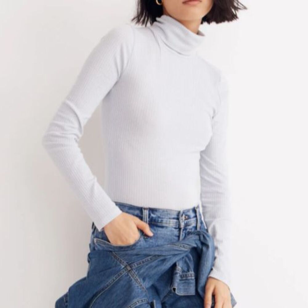 Madewell Ribbed Turtleneck Top Knit Supersoft Shirt Cool Fog Blue Grey Stretch M